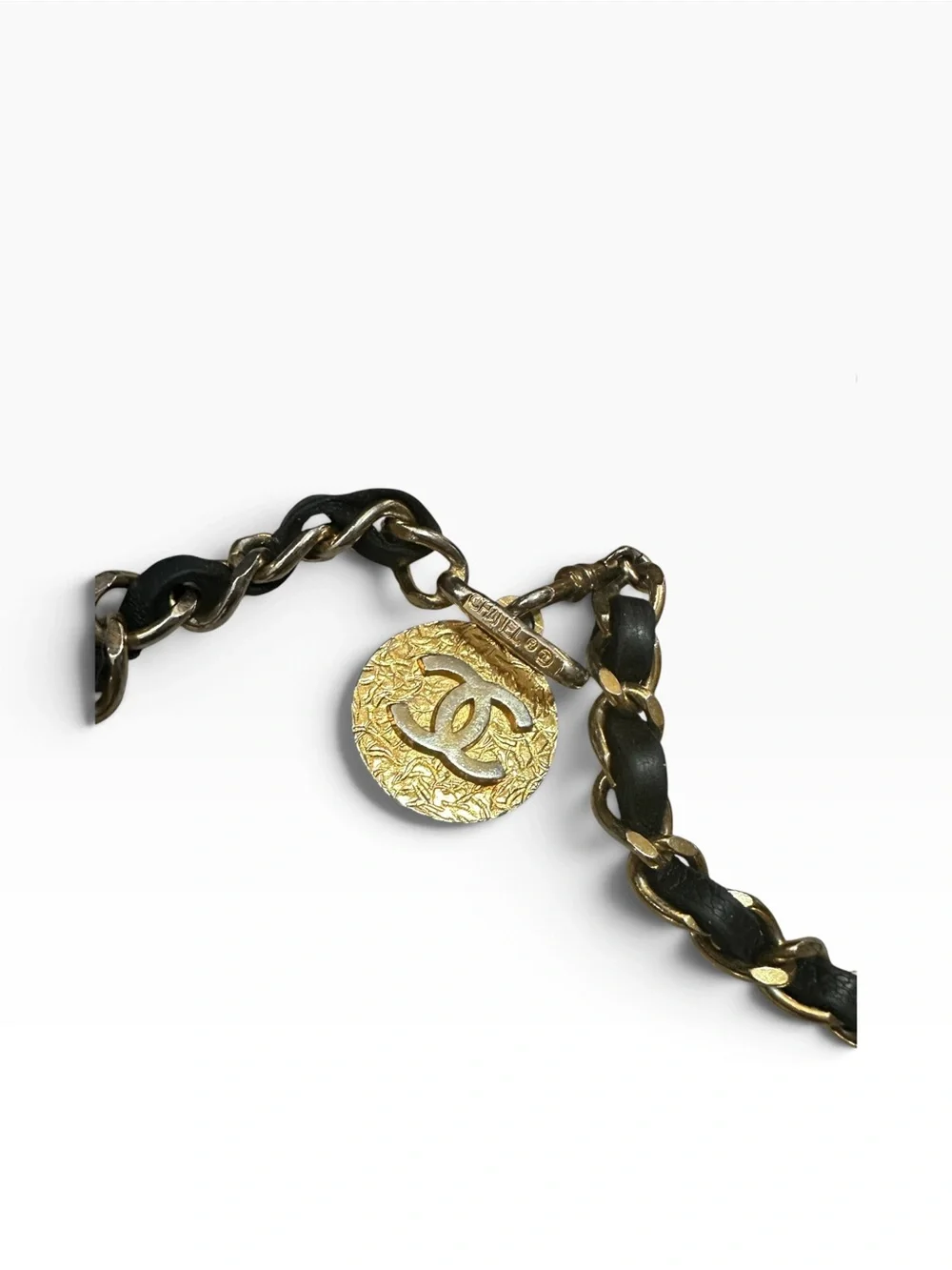 CHANEL Black and Gold Chain Necklace with CC Medallion Vintage 1982
